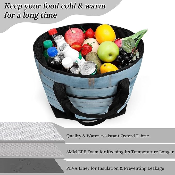 Insulated Shopping BagLarge Reusable Cooler Bags Blue Wood Printed Foldable Shopping BagTravel Waterproof Shoulder Bag