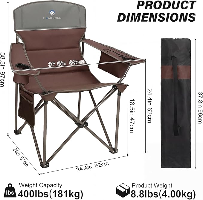 CAMPHILL Oversized Camping Chairs 2 Pack - Heavy Duty 400LBS Padded Lawn Chair with Cooler BagCup HolderSide PocketCollapsible for OutdoorCampFishing &amp GardenMaroon