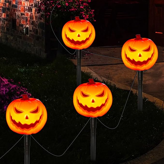 SUNSGNE Halloween Pathway Lights Set of 4 Halloween Pumpkin Stake Lights with 5 C7 LED Light Bulbs(1 Spare) Connectable Pumpkin Light for Path Walkway Driveway Garden Decorations