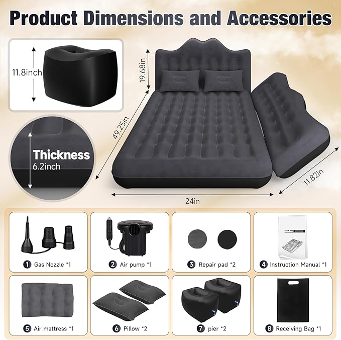 Back Seat Car Air Mattress: Inflatable SUV Car Camping Bed for Truck Van Thickened Double-Sided Flocking Travel Car Sleeping Pad with Air Pump 2 Pillows