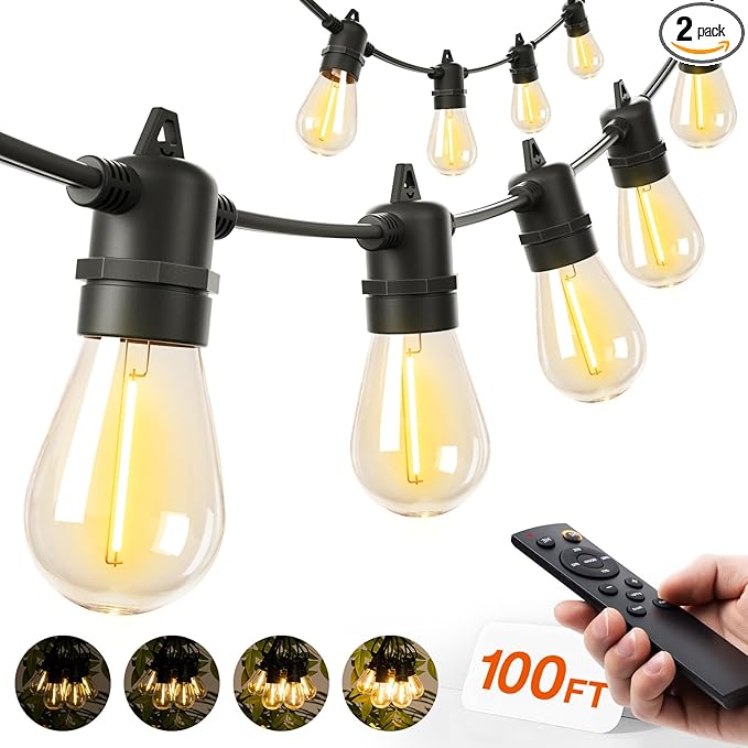 addlon 100FT LED Outdoor String Lights Remote Dimmable Patio Lights with Timer &amp 3 Lighting Modes 32 Shatterproof Edison Bulbs Waterproof Connectable String Lights for Outside Backyard Porch Pa