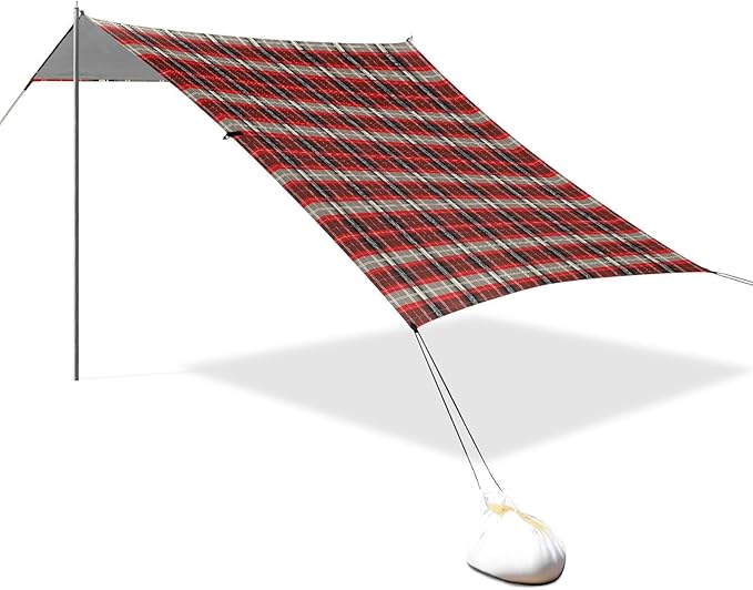 ALAZA Red Grid Tartan Cage Beach Tent Sun Shelter UPF50+ Protection Beach Shade Canopy w/ 4 Sandbags for Outdoor Camping Fishing Backyard Fun Picnic 10x9 ft