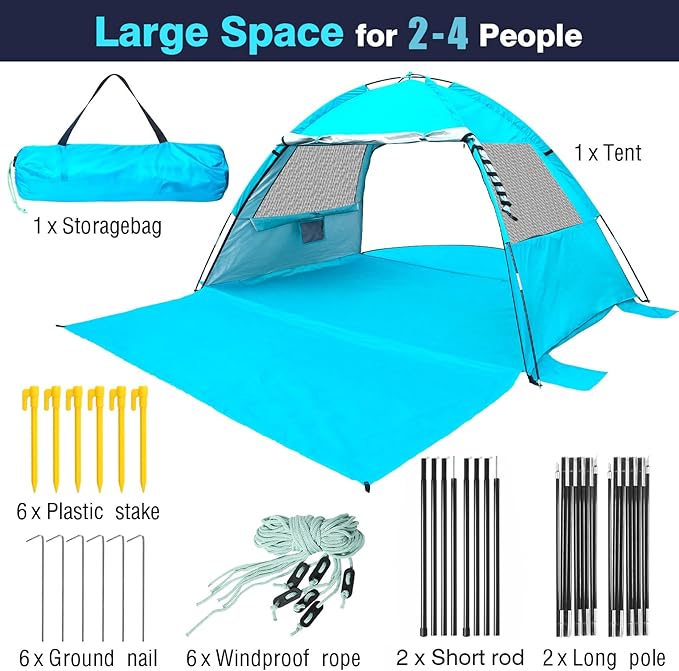 DLUCKY Beach Tent for 1-2-3 PersonAnti-UV Portable Sun Shade Shelter UPF 50+Both Sides Extendable Floor Extendable Awning Iron Rod Supportwith 2 Ventilating Mesh Windows Lightweight &amp Easy Se