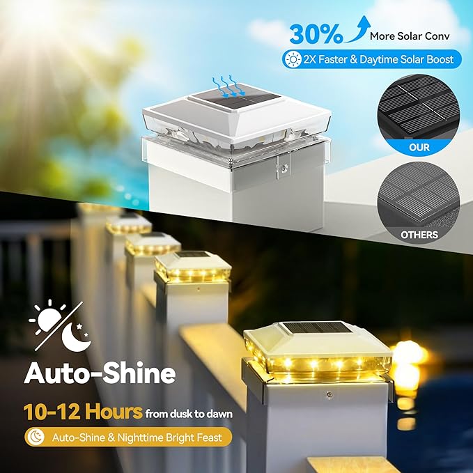 Solar Post Cap Lights 6 Pack Upgraded Outdoor Deck Fence Post Solar Lights for 4x4 5x5 Wood/Vinyl Posts IP65 Waterproof 10-12 Hours Warm White Glow for Garden/Patio/Porch - White
