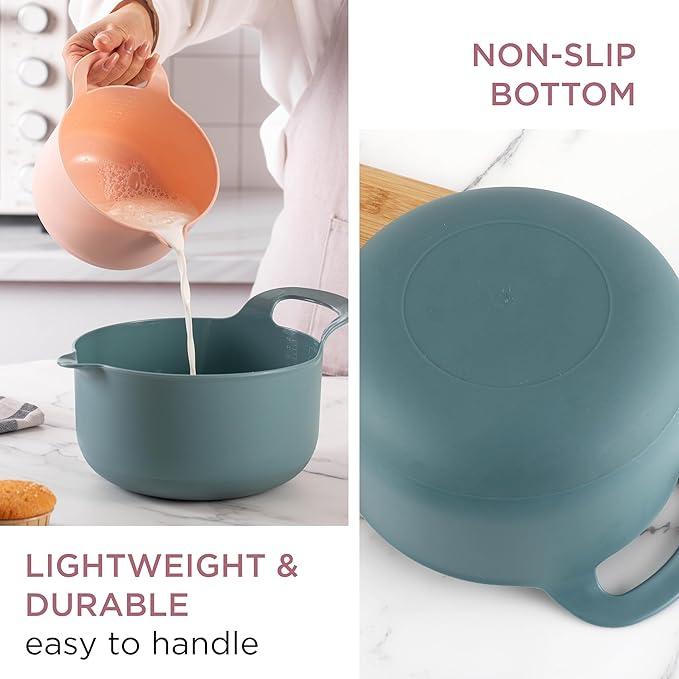 COOK WITH COLOR Nesting Plastic Mixing Bowl Set with Pour Spouts and Handles Teal and Pink 4 Piece Non-Slip