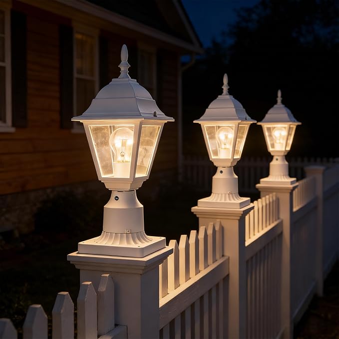 Outdoor Post Lights 2 Pack Dusk to Dawn with Photocell Waterproof Exterior Post Light Fixture 5.9” Pier Mount Base White Aluminum Post Lantern with Clear Glass