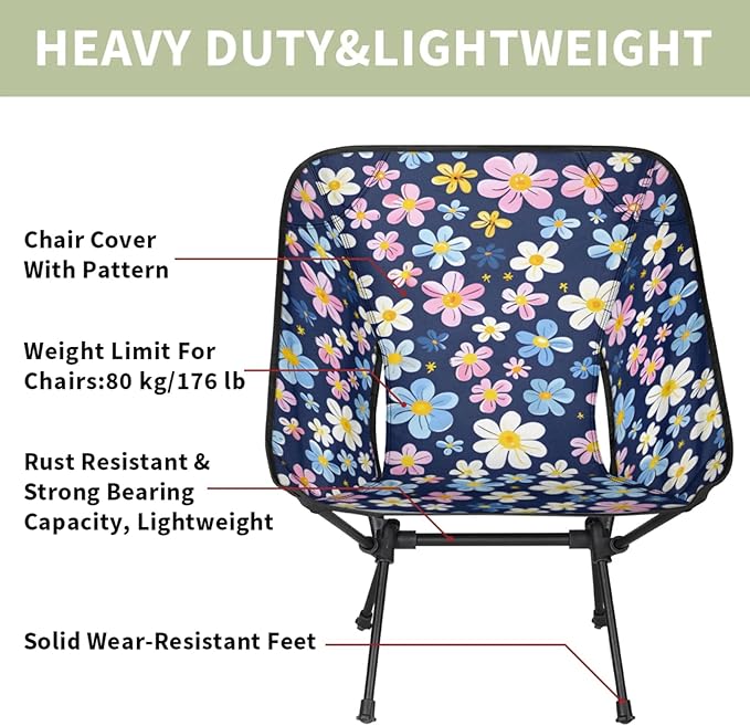 Honeybaby Folding Camping Chair Beautiful Floral Camping Chairs Lightweight Portable Chair Outdoor Foldable Chairs for Camping Travel Picnic Beach Hiking