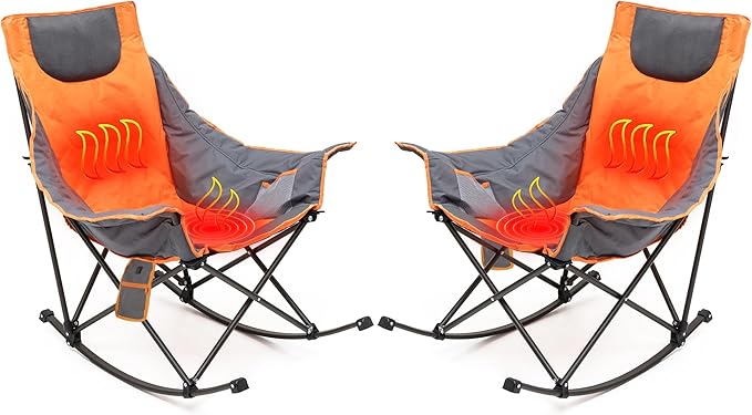 SUNNYFEEL Oversized Heated Rocking Camping Chair 2 Pack Fully Padded Patio Chair with Side Pocket High Back Portable Lawn Recliner with Carry Bag Outdoor Rocker Chair for Adults Heavy Duty 500 LBS