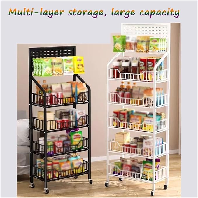 5-Tier Metal Snack Display Rack for Markets - Versatile Floor Stand Shelf for Chips Fruits &amp More -