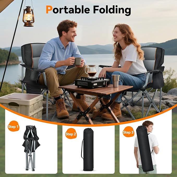 Camping Chairs for Adults Heavy Duty Oversized Fully Padded Folding Chairs for Outside with Cup Holder Cooler Bag and Side Pocket Support 400 Lbs Versatile for SportsOutdoors &amp Lawns