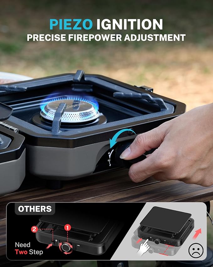Gonex 2 Burner Propane Camping Stove with Griddle &amp Grates Portable Foldable Cooking Stove with Total 16000 BTU Two Piezo Ignition Adjustable Burners for Camping Patio Emergency Hiking (Grey