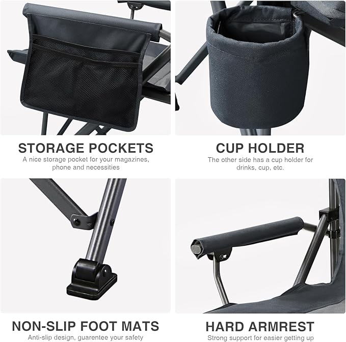 EVER ADVANCED Oversized Folding Camping Chair for Adults Heavy Duty Lawn Chair with Side Pockets Portable Collapsible Quad Chair for Outside Support Up to 500lbs Grey 2PACK