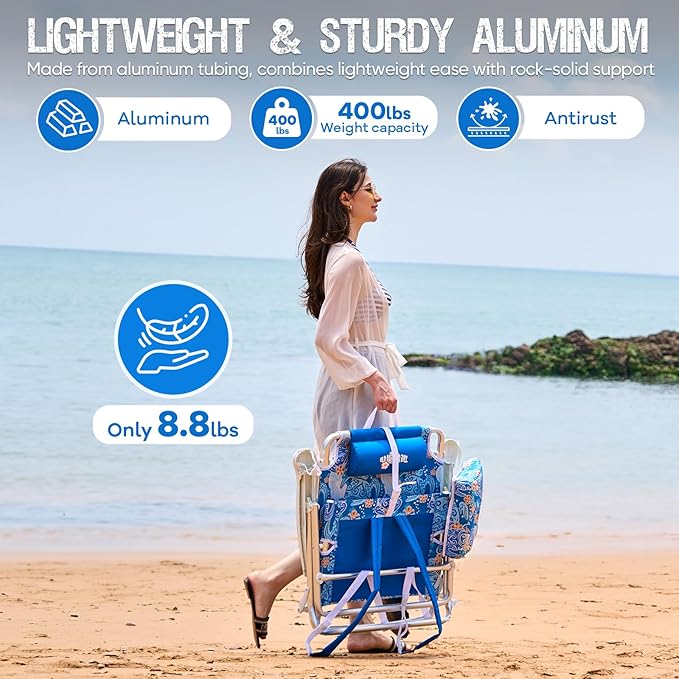 Old Bahama Bay Backpack Beach Chair 2 Pack Aluminum Lightweight Reclining 5-Position Lounge Chair for Adults Heavy Duty Support 400 LBS Portable Folding with Cooler Bag Camping Chair for Sand Outdoor