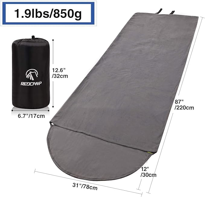 REDCAMP Fleece Sleeping Bag Liner with Hood Great for Adult Warm or Cold Weather 87 Long Full Sized Zipper Camping Blanket for Outdoor Grey