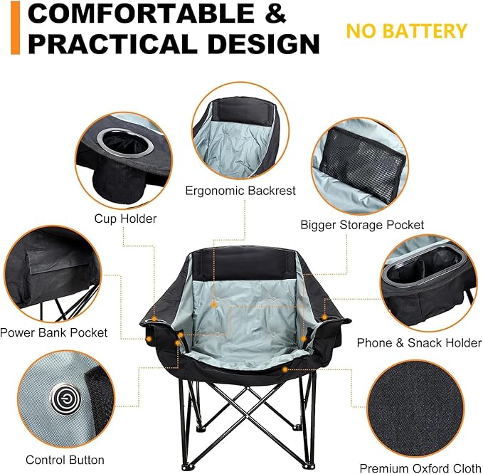 CypherX Oversized Heated Camping Chair 3 Heat Levels Folding Camping Chairs for Adults Heavy Duty Padded Lawn Chair for Outdoor Sports Lawn Fishing Garden Portablen (No Battery)