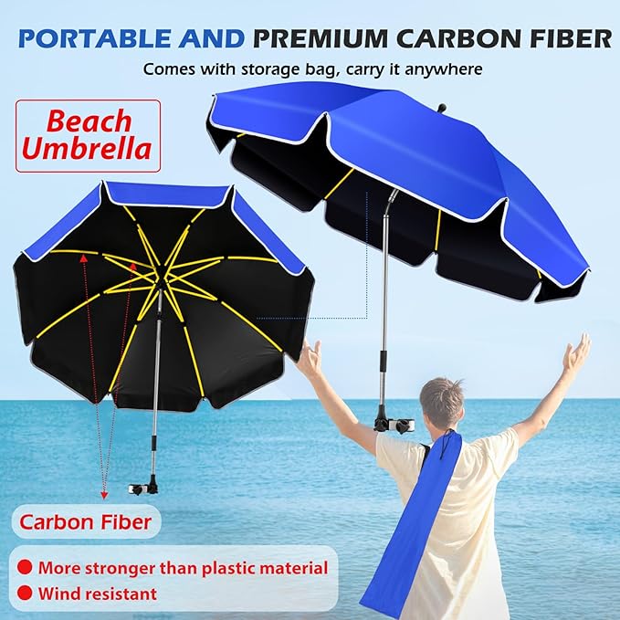 48.8 inch Large Beach Umbrella with Clamp Sun Shade for Beach Chair 360°Adjustable UV Protection Golf Umbrella with Clip for Outdoor Stroller Wheelchair Camping Chair