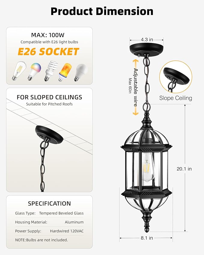 VIANIS 20 Large Dusk to Dawn Outdoor Hanging Lights Black Outside Pendant Light Waterproof Exterior Ceiling Lights for Patio Porch Entryway Anti-Rust Adjustable Length Chandelier Hardwired