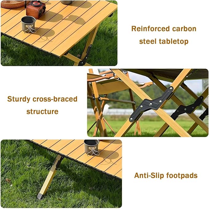 Portable Outdoor Camping Table Large for 2-6 Person Foldable Roll-up Metal Camp Table with Carry Bag for Picnic Camp Wood Color
