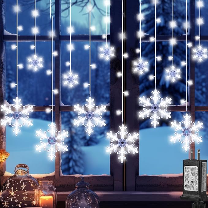 Christmas Snowflake Curtain String Lights 10.2FT 156LED Icicle Lights for Outside with 12 Drops 8 Modes Waterproof Connectable Fairy Window Light for Eaves Garden Yard Indoor Outdoor Xmas Decor