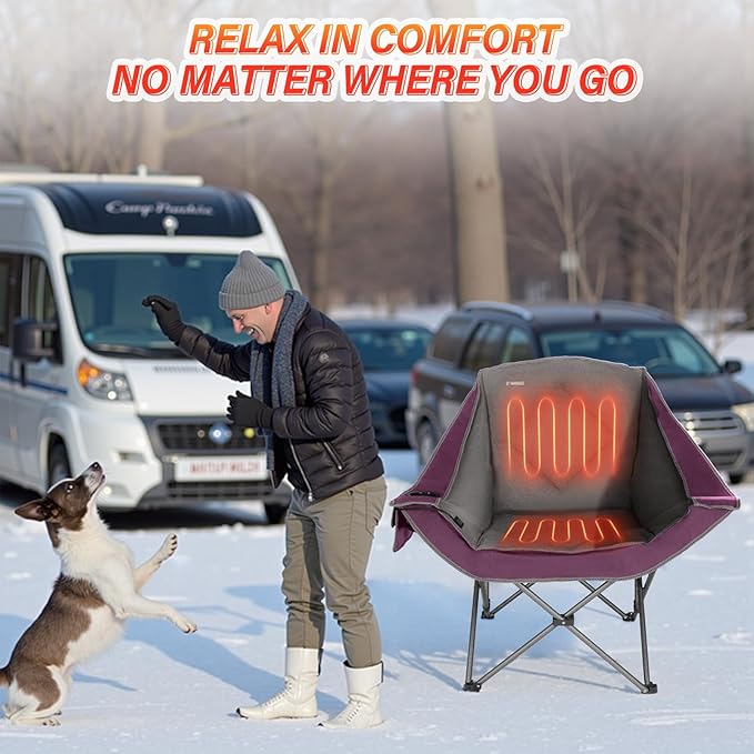 CAMPHILL Heated Camping ChairsOversized Padded Heating Lawn Chair with Cup HolderWide&ampThickHeavy Duty Folding for PatioTailgatesand SportsBattery NOT IncludedPurple