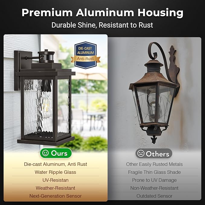 VIANIS Advanced Motion Sensor Light Outdoor 2 Pack Large Bronze Exterior Lighting Fixtures Easy-to-Install Aluminum Waterproof Porch Lights Outdoor with Water Glass for Porch Garden Front Door