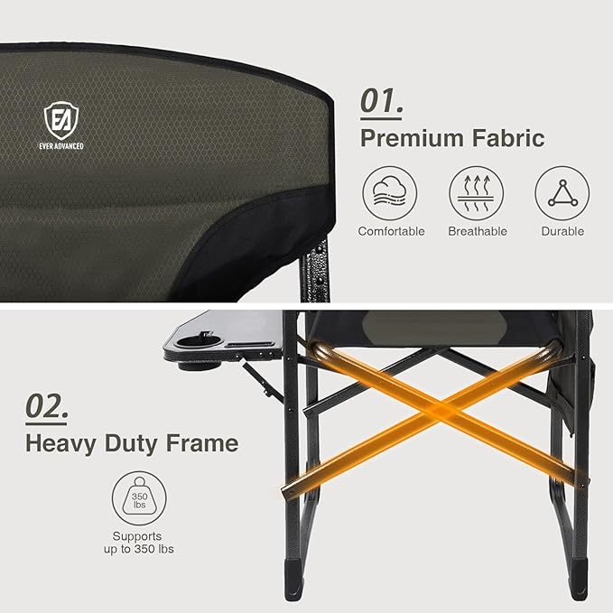 EVER ADVANCED Aluminum Lightweight Folding Director Chair 350lbs Heavy Duty Camping Chair with Side Table &amp Storage 19 Joint-Friendly Height Easy to Stand Portable Makeup Artist &amp Vendor C