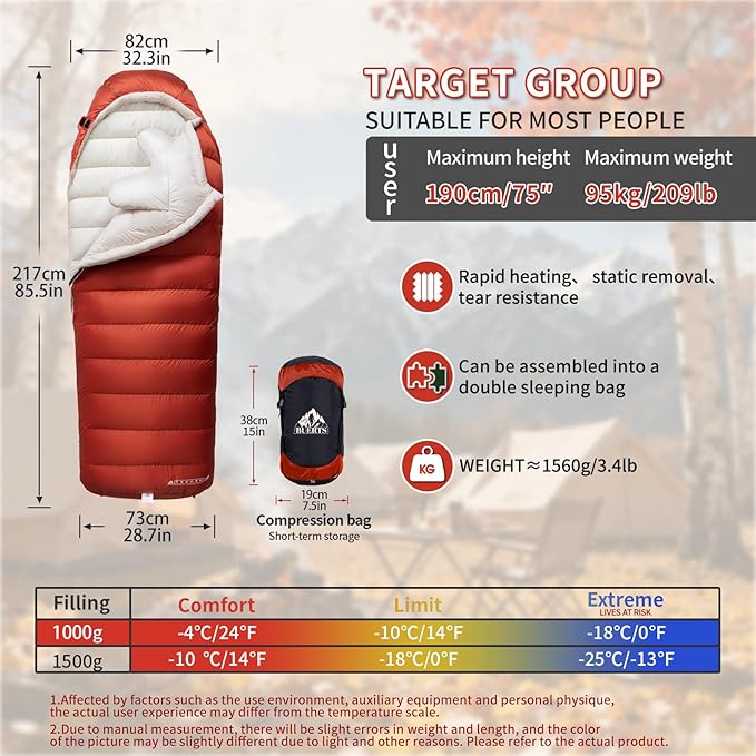 Down Sleeping Bags for Adults Premium 680FP Down Fill Backpacking Sleeping Bag for Cold Weather for Camping Hiking and Traveling Comes with Compression Sack.