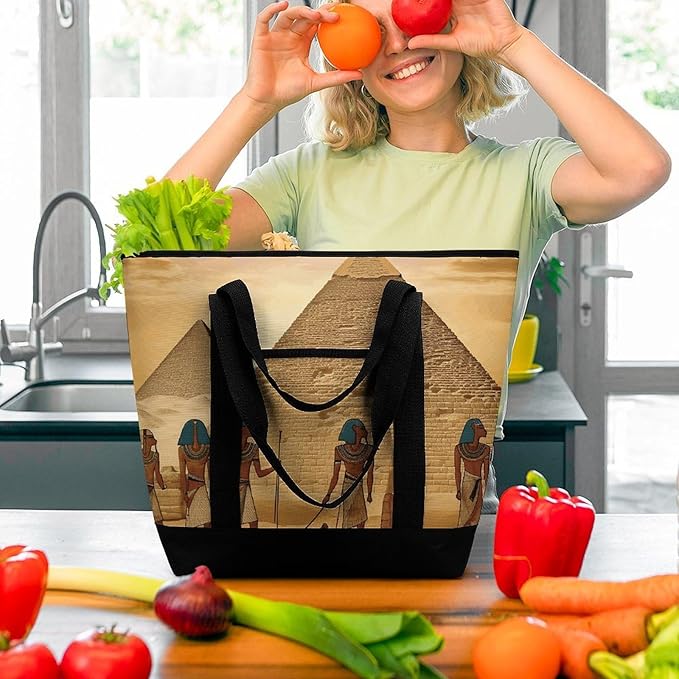 Insulated Shopping BagLarge Reusable Cooler Bags Ancient Egyptians Printed Foldable Shopping BagTravel Waterproof Shoulder Bag