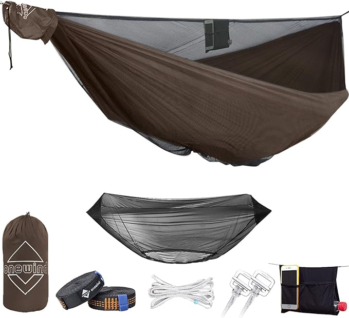 OneWind 11ft Portable Camping Hammock with Mosquito Net Adjustable Ridgeline Double Hammock with 2*12Ft Tree Straps Coyote Brown