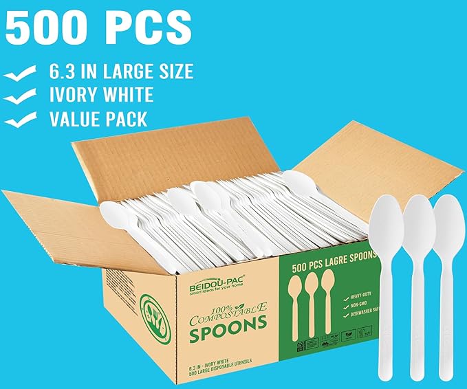 500 Count Compostable Disposable Non Plastic Spoons Large Heavy Duty Biodegradable Utensils Eco Friendly Durable Sturdy Recyclable Spoons Flatware Silverware for Party Wedding Daily Use