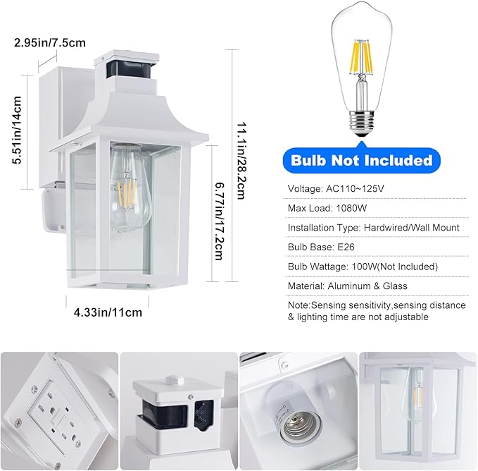 2 Pack White Porch Lights with GFCI Outlet Dusk to Dawn Motion Sensor Outdoor Lighting Waterproof Exterior Wall Sconces for House Front Door and Garage