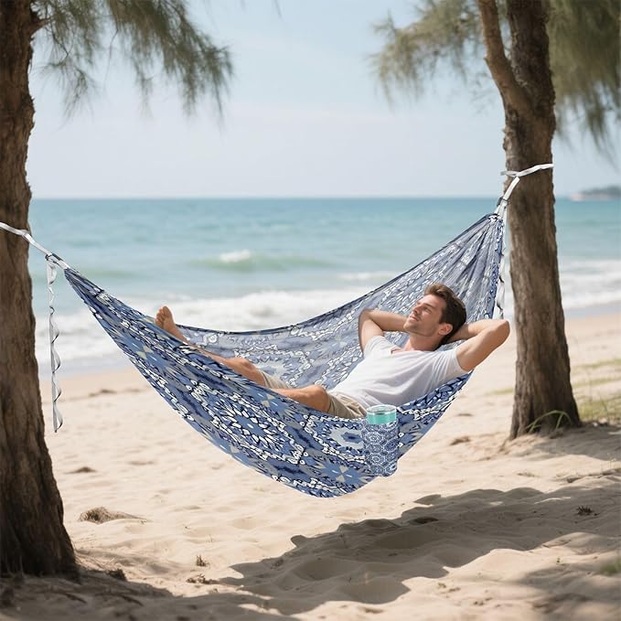 Navy Blue Tile Camping Hammock Portable Hanging Hammock with Tree Straps Up to 330lbs for Travel Outdoor Garden Patio