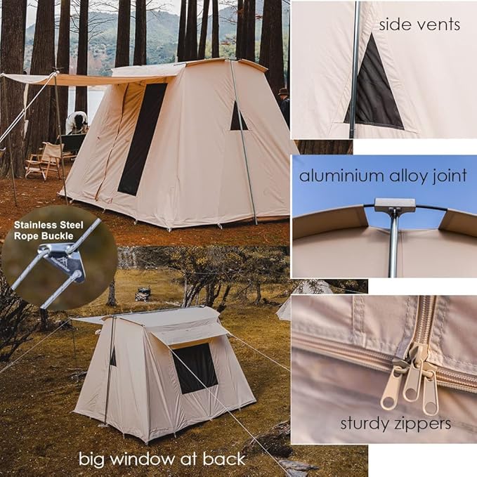 UNISTRENGH Waterproof Cotton Canvas Cabin Tent 4 Season Outdoor Family Camping Tent Shelters with Awning &amp Extra Wide Mesh Doors
