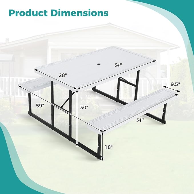 Giantex Picnic Table Bench Set for 4 People 4.5FT Outdoor Rectangular Dining Table &amp 2 Benches w/Umbrella Hole HDPE Tabletop Metal Frame Patio Garden Backyard Poolside (4.5FTNon-FoldableWhit