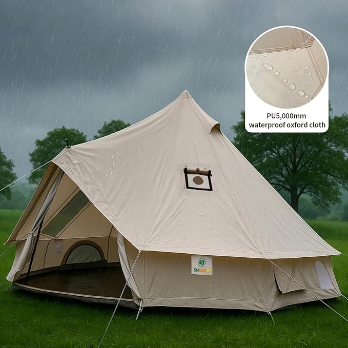 Bell Yurt Tent Waterproof Luxury 4 Season Hot Tent with Stove Jack/Air Conditioner Vents/2 Skylight for Family Outdoor Camping Oxford Glamping Tents for All Year Living