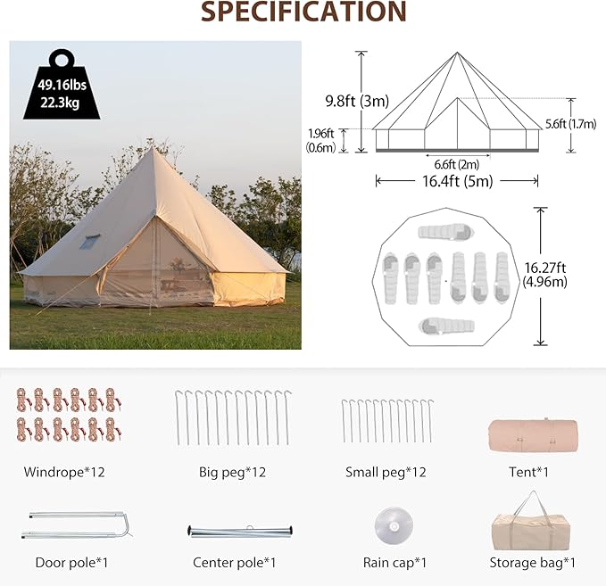 Oxford Bell Tent for Family Camping - Spacious 13.1ft /16.4ft Yurt with Stove Jack Large Glamping Tents for 4-8 People 4 Season Oxford Hot Tent Shelter