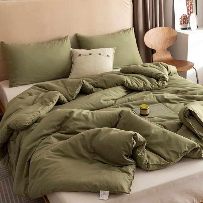 ROSGONIA Queen Comforter Set Olive Green 3pcs Bedding Sets Queen (1 Boho Olive Comforter &amp 2 Pillowcases) All Season Lightweight Blanket Quilt