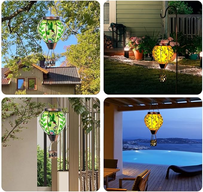 Hummingbird Hot Air Balloon Solar Lantern with Flame  Waterproof Solar Hot Air Balloon Lantern Hanging Outdoor Lanterns Decor for Patio Porch Garden