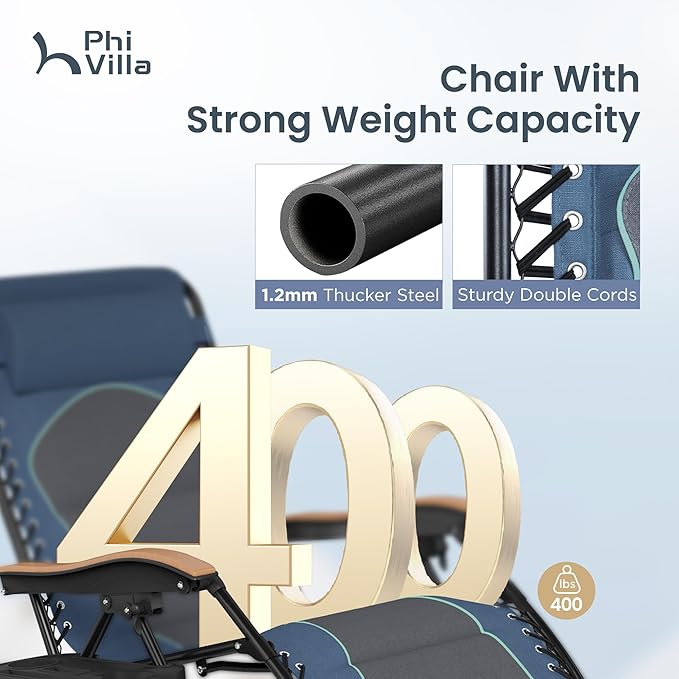 PHI VILLA XXL Oversized Padded Zero Gravity Chair Set of 2 Foldable Patio Recliner 30 Wide Seat Anti Gravity Lounger with Armrest and Cup Holder Support 400 LBS (Blue Accents)