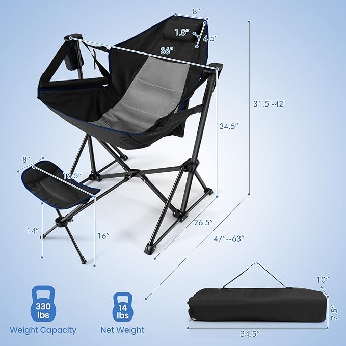HAPPYGRILL Hammock Camping Chair Folding Camping Swinging Chair with Retractable Footrest Cozy Head Pillow Carrying Bag Portable Lightweight Rocking Chair for Camping Fishing Picnic