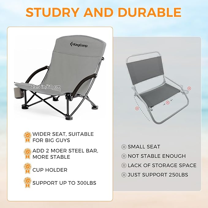 KingCamp Low Beach Chair High Back Folding Camping Chair for Adults Oversized Breathable Mesh Seat 300lbs Heavy Duty Portable Chair with Cup Holder &amp Storage Pockets for Beach Outdoor