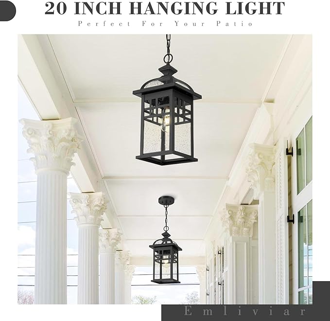 Emliviar 20 Inch Outdoor Pendant Light for Porch Outdoor Chandelier for Porch Die-Cast Aluminum with Seeded Glass Black Finish DE281H-M BK