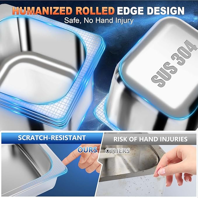 1/6 Size 6 Inch 304 Stainless Steel Hotel Pans: 8 Pack [2X Thicker] [Dishwasher Safe] 100% Food-SafeSteam Table Pan for Restaurants Catering and Parties