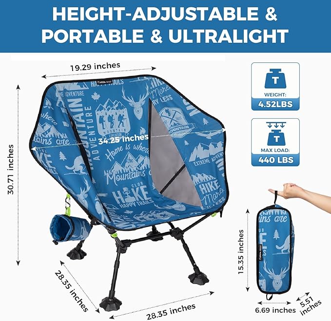 ATEPA UFO3.0 Backpacking Camping Chair Ultralight Extra Wide Comfortable Folding Chairs Heavy Duty Portable Hexagon Ergonomic Height Adjustable Seat with Anti-Sinking Feet for Hiking Outdoor Blue