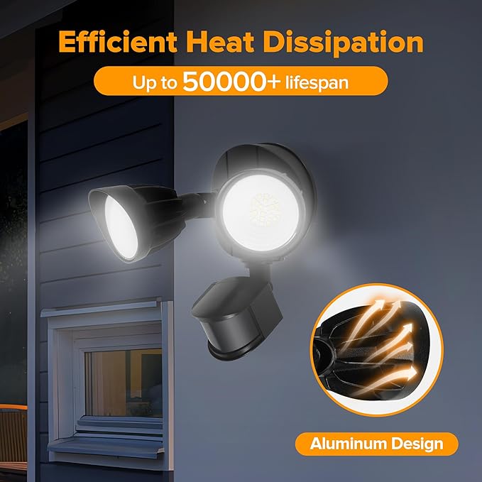 UME LED Security Light Motion Sensor Outdoor Lights 27W 3000LM 5000K IP65 Waterproof Dusk to Dawn 2 Head Motion Detector Flood Light for Outside Garage Yard (Black)
