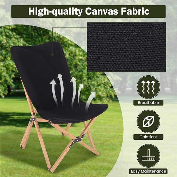 Giantex Camping Chairs 2 Pack Folding Beach Chairs for 330lbs Outdoor Butterfly Chair Portable Lawn Chairs for Picnic Fishing Hiking Mountaineering Lightweight Bamboo Frame No Assembly (Black)