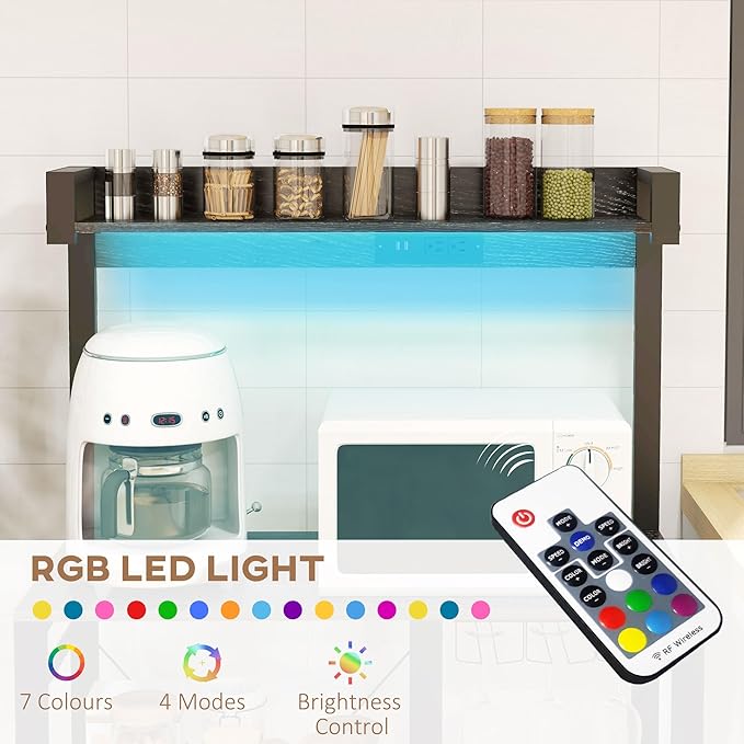 Rack with Power Outlet and LED Lights Bakers Racks for Kitchens with Storage Industrial Microwave Stand with Glass Holders Metal Basket Multiple Shelves Gray