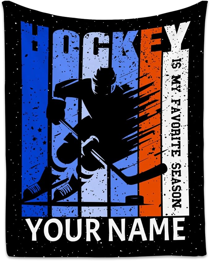 Custom Hockey Gifts for Boys Personalized Hockey Blanket for Kids Men Adults 60x80 Fleece Soft Cozy Sport Throw Blankets for Couch Sofa Team Gifts for Players Adults