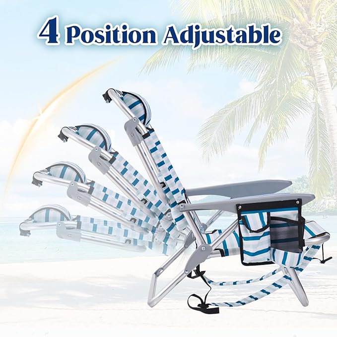 2 Pack Lightweight Portable Camping Beach Chair for Adults Outdoor Lay Flat Folding Beach Chairs with 5 Positions Backpack Beach Chair with Towel Bar Zipper Pouch Cup Holder White Striped