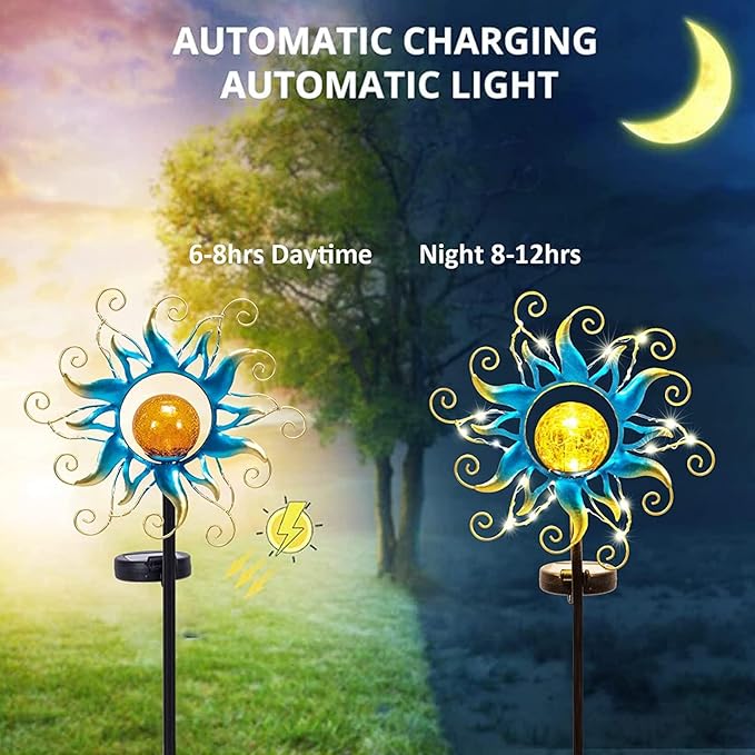 Solar Lights Outdoor Garden Decor Blue Metal Sun Crackle Glass Globe Stake Waterproof 30LED Decorations Unique Gifts for WomenMomOutside PatioLawnYardPathway